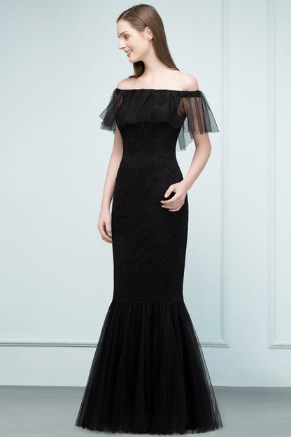 Vestidos de fiesta de tul con encaje de sirena y hombros descubiertos hasta el suelo