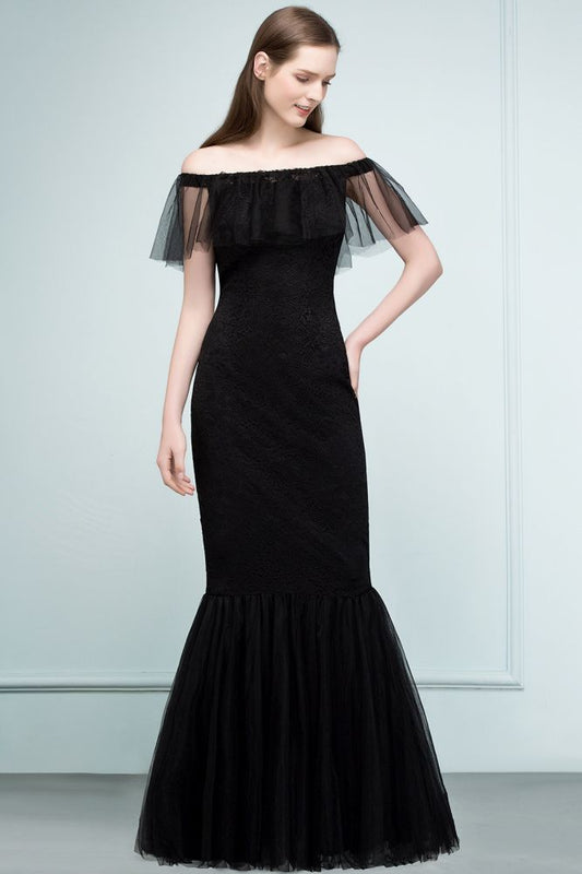 Vestidos de fiesta de tul con encaje de sirena y hombros descubiertos hasta el suelo