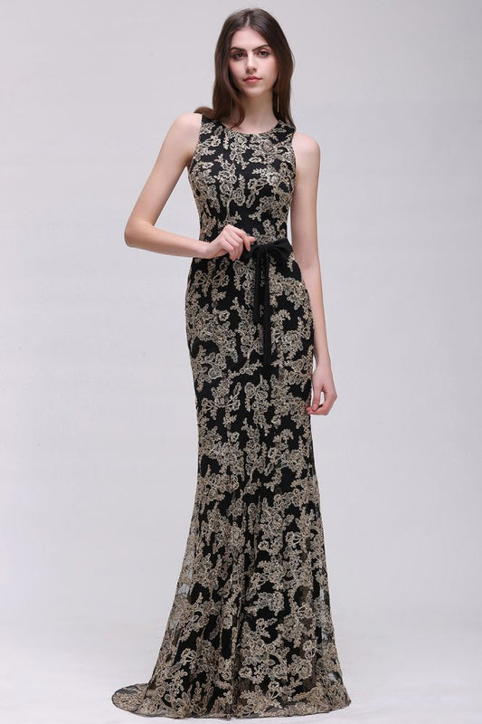 Vestidos de noche de encaje con escote redondo y corte tubo hasta el suelo