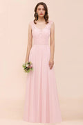 Abito damigella d'onore in pizzo floreale rosa, abito da cerimonia a linea ad A