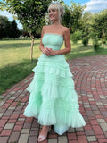 Flovencia| Abito da ballo verde menta senza spalline in tulle con balze a strati e orlo asimmetrico