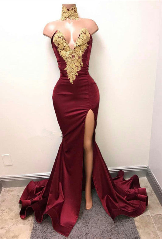 Vestidos de fiesta de sirena con cuello alto y abertura frontal con apliques de encaje burdeos 
