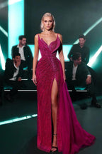 Fuchsia Sheath Evening Dress Crystal Beaded Lace V Neck Ruched Tulle Overskirt