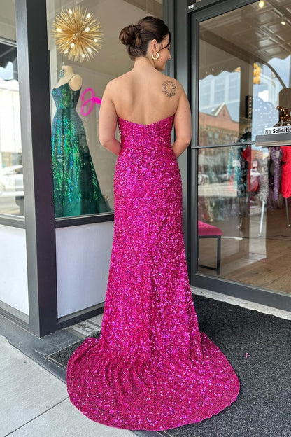 Vestido de fiesta largo con lentejuelas y abertura sin tirantes
