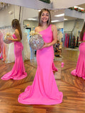 Fuchsia Two Pieces Mermaid One Shoulder Prom Dress Long Formal Graduation Evening Dresses