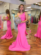 Fuchsia Two Pieces Mermaid One Shoulder Prom Dress Long Formal Graduation Evening Dresses