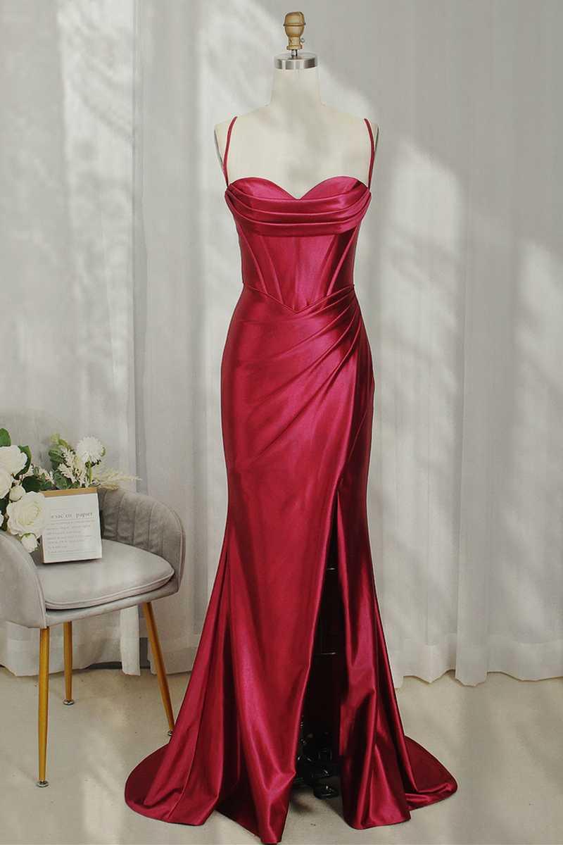 Abito da sera in raso bordeaux con spalline sottili a forma di sirena, scollo a cappuccio e arricciature, abito da ballo Y449