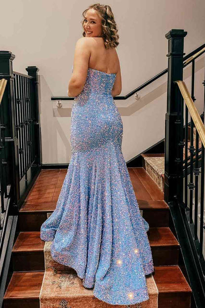 Vestido de fiesta largo con lentejuelas azul claro y corte sirena con escote corazón