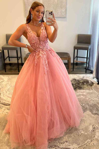A-Linien-Ballkleid aus Tüll mit V-Ausschnitt und Applikationen
