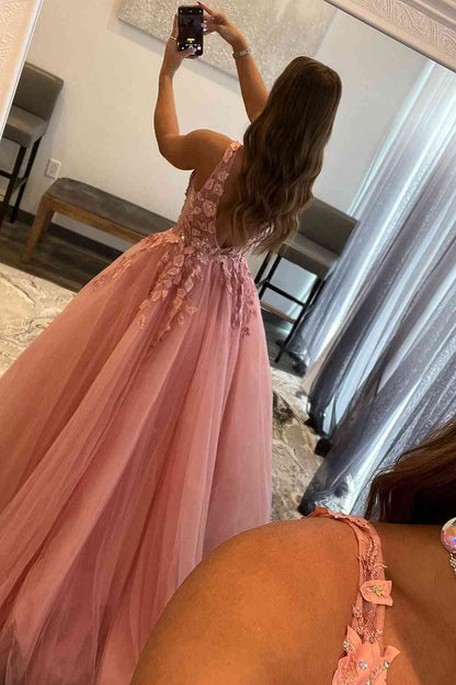 A-Linien-Ballkleid aus Tüll mit V-Ausschnitt und Applikationen