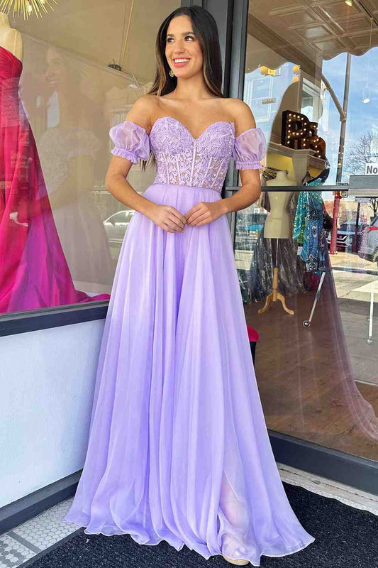Vestido de fiesta largo de gasa con hombros descubiertos, corte A, apliques y cordones 