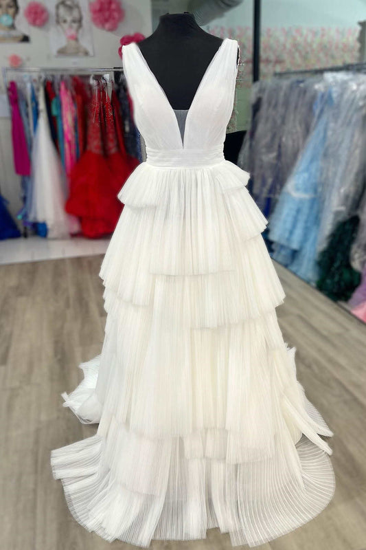 Vestido formal largo plisado con cuello en V y capas
