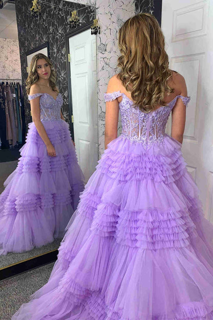 Vestido de fiesta largo de tul con hombros descubiertos y volantes en capas