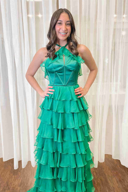 Neckholder-Ballkleid mit Schlüssellochausschnitt, Rüschen und Schlitz