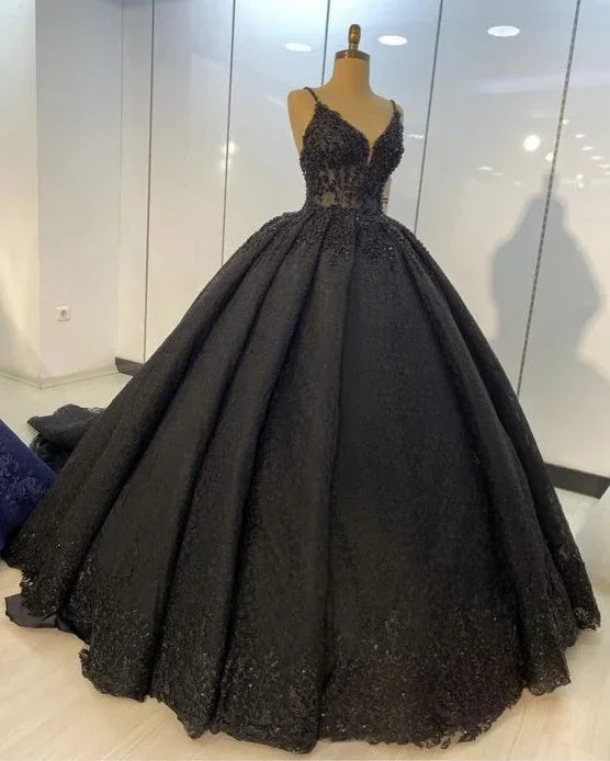 Abiti da ballo in pizzo nero per matrimonio, vestito da ballo con spalline sottili S22981