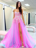 Georgia | Abito lungo da cerimonia a linea ad A con scollo a cuore, pizzo applicato e spacco