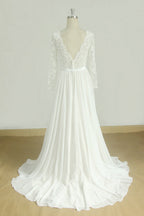 Glamorous A Line White Chiffon Wedding Dress With Long Sleeves Jewel Neckline