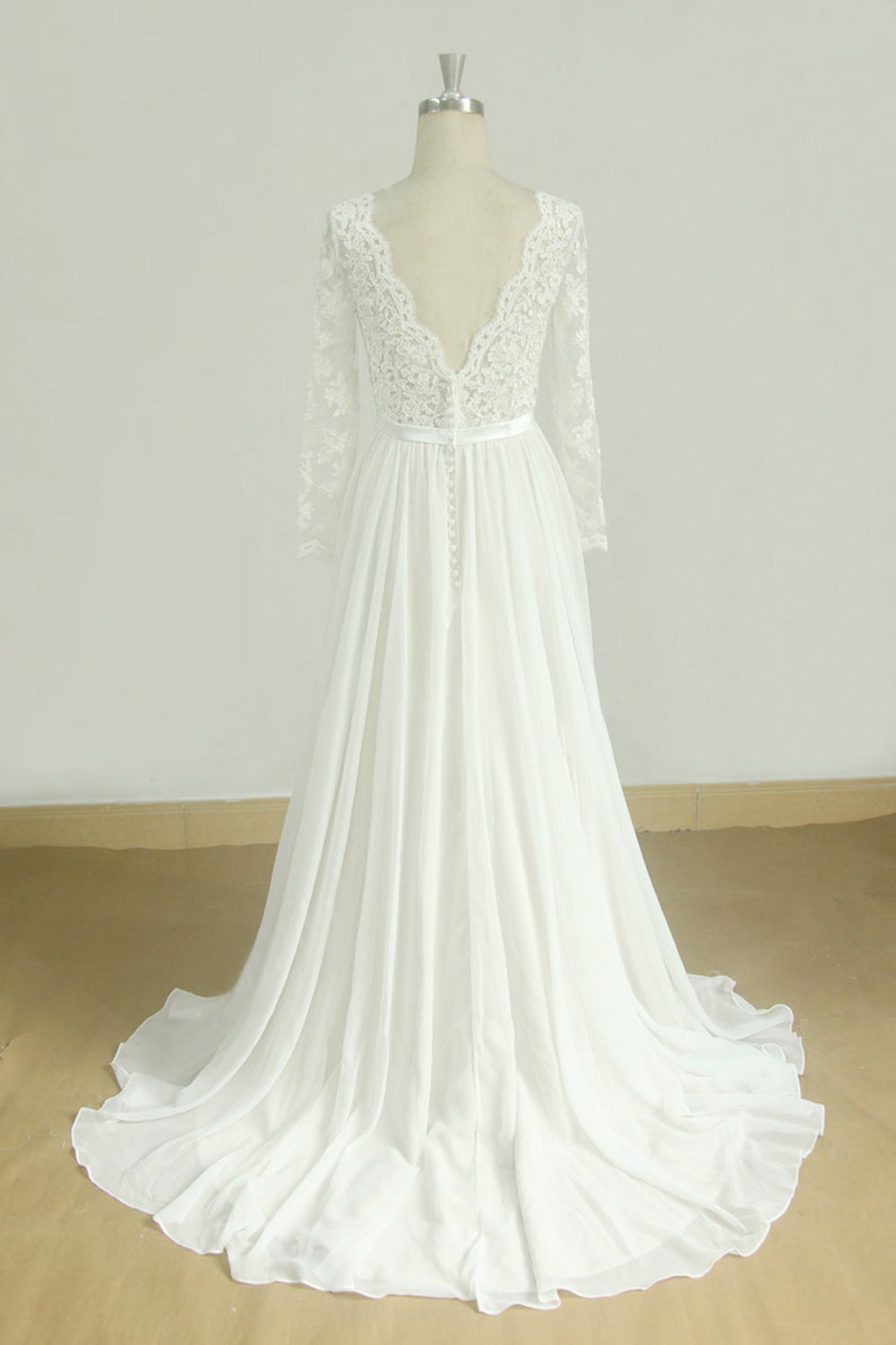 Glamorous A Line White Chiffon Wedding Dress With Long Sleeves Jewel Neckline
