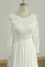 Glamorous A Line White Chiffon Wedding Dress With Long Sleeves Jewel Neckline