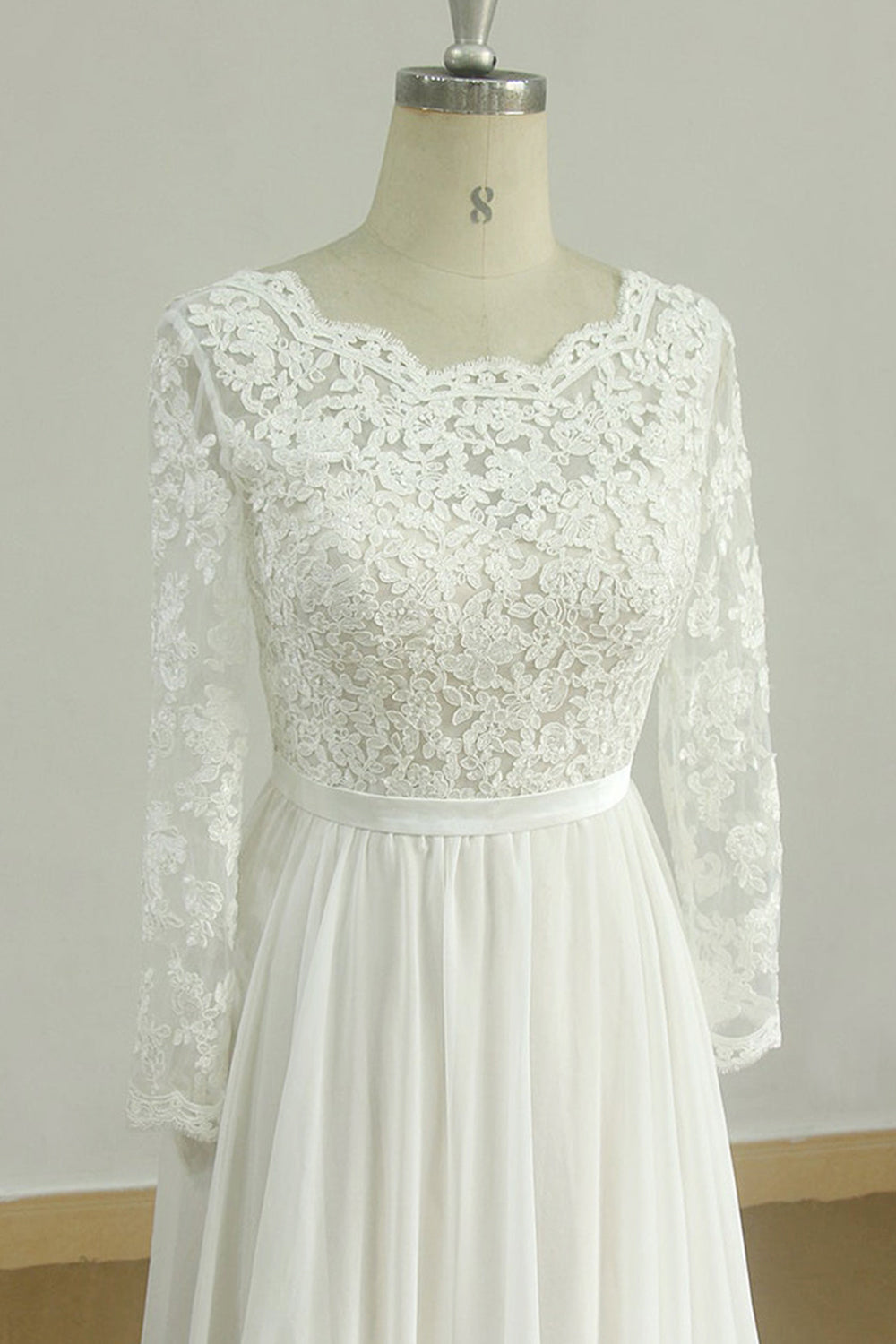 Glamorous A Line White Chiffon Wedding Dress With Long Sleeves Jewel Neckline