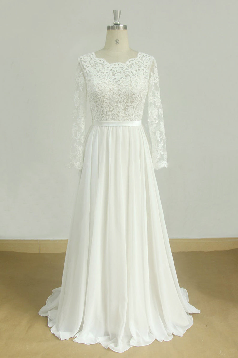 Glamorous A Line White Chiffon Wedding Dress With Long Sleeves Jewel Neckline
