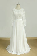 Glamorous A Line White Chiffon Wedding Dress With Long Sleeves Jewel Neckline