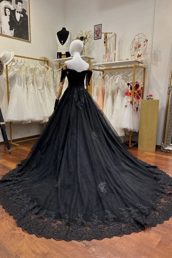 Black Off The Shoulder Sleeveless Ball Gown Wedding Dress With Beaded Appliques