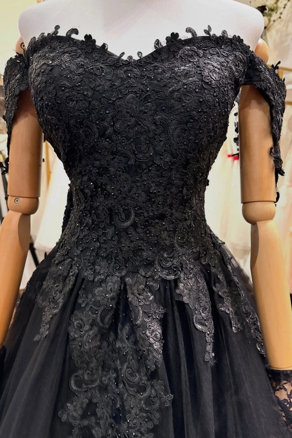 Black Off The Shoulder Sleeveless Ball Gown Wedding Dress With Beaded Appliques
