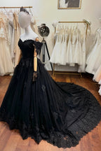Black Off The Shoulder Sleeveless Ball Gown Wedding Dress With Beaded Appliques