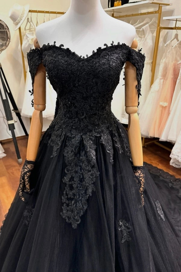 Black Off The Shoulder Sleeveless Ball Gown Wedding Dress With Beaded Appliques