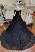 Black Off The Shoulder Sleeveless Ball Gown Wedding Dress With Beaded Appliques