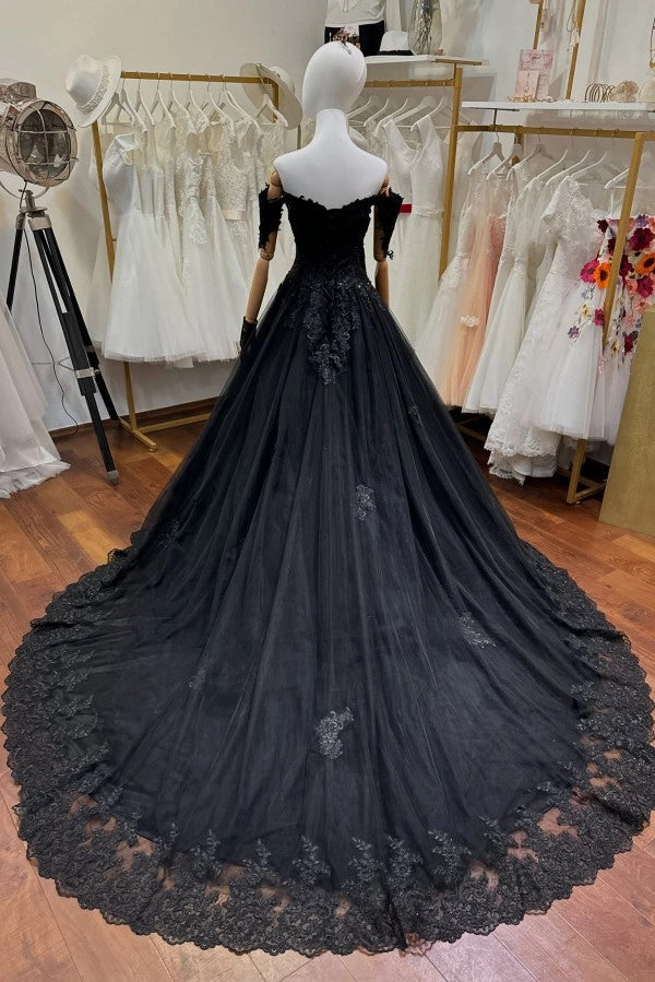 Black Off The Shoulder Sleeveless Ball Gown Wedding Dress With Beaded Appliques