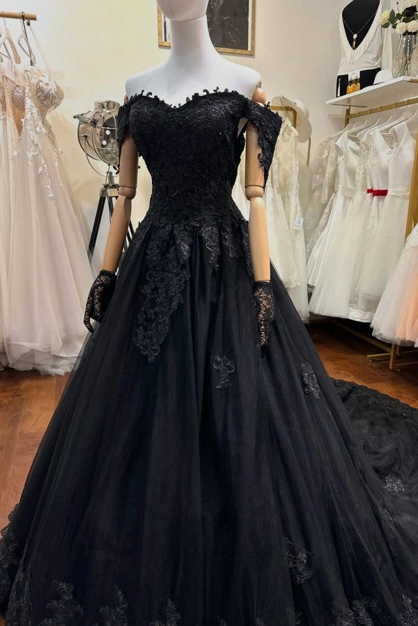 Black Off The Shoulder Sleeveless Ball Gown Wedding Dress With Beaded Appliques