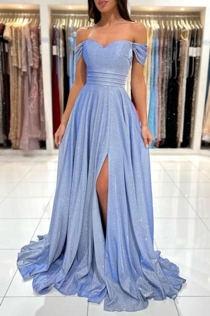 Glamouröses blaues langes, glitzerndes, schulterfreies, ärmelloses Abendkleid mit Schlitz