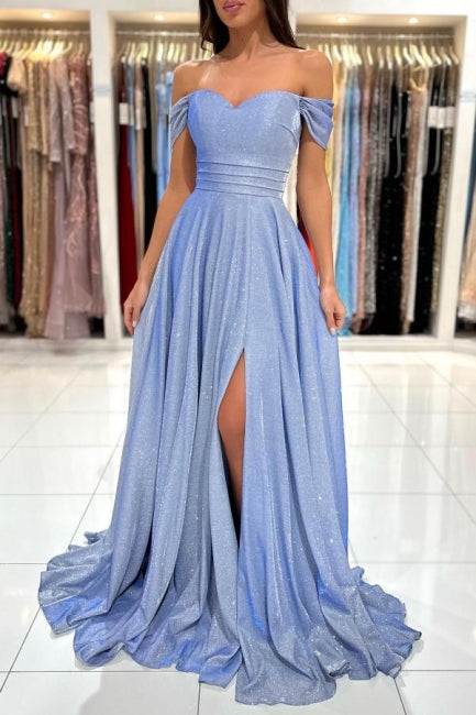 Glamouröses blaues langes, glitzerndes, schulterfreies, ärmelloses Abendkleid mit Schlitz