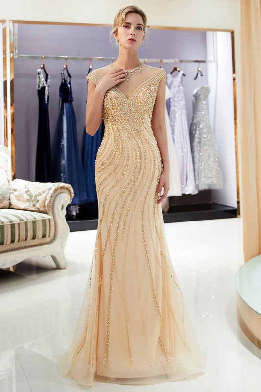 Glamoroso vestido de noche de sirena con mangas cortas y cuentas doradas