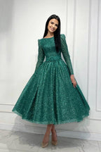 Abito da sera verde scuro scintillante a linea ad A, lunghezza alla caviglia, con maniche lunghe