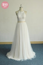 Glamorous Halter Ivory A Line Wedding Dresses Lace Tulle Ruffles Appliques