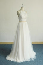 Glamorous Halter Ivory A Line Wedding Dresses Lace Tulle Ruffles Appliques
