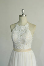 Glamorous Halter Ivory A Line Wedding Dresses Lace Tulle Ruffles Appliques