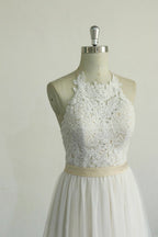 Glamorous Halter Ivory A Line Wedding Dresses Lace Tulle Ruffles Appliques
