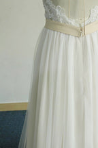 Glamorous Halter Ivory A Line Wedding Dresses Lace Tulle Ruffles Appliques