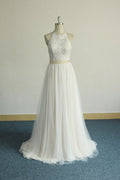 Glamorous Halter Ivory A Line Wedding Dresses Lace Tulle Ruffles Appliques
