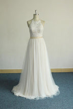 Glamorous Halter Ivory A Line Wedding Dresses Lace Tulle Ruffles Appliques