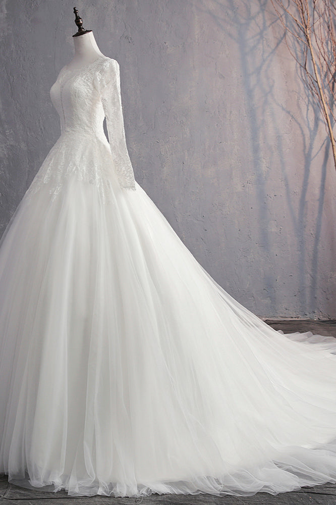 Glamorous White Tulle Lace Ball Gown Wedding Dress With Appliques Long Sleeves