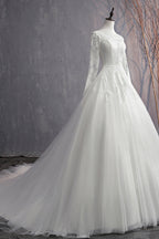 Glamorous White Tulle Lace Ball Gown Wedding Dress With Appliques Long Sleeves