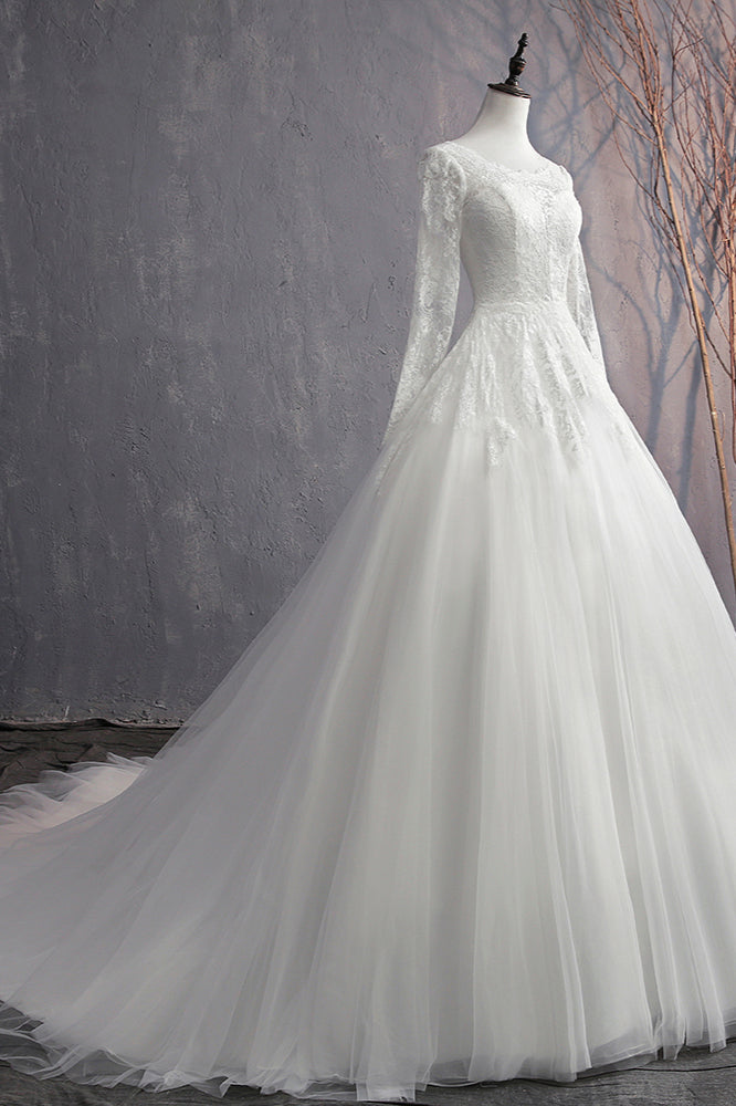 Glamorous White Tulle Lace Ball Gown Wedding Dress With Appliques Long Sleeves
