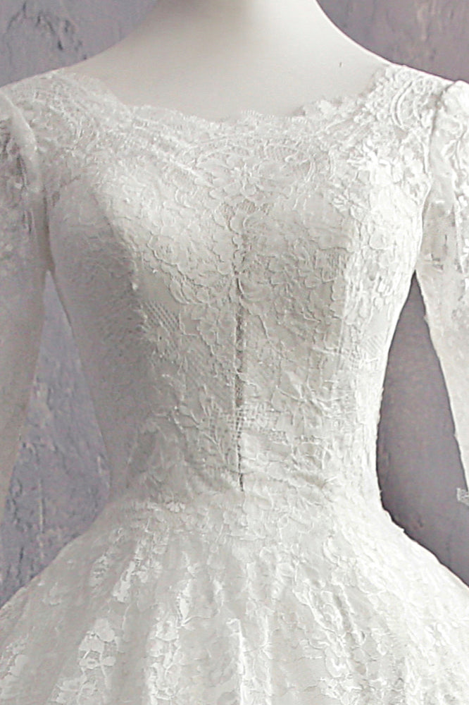Glamorous White Tulle Lace Ball Gown Wedding Dress With Appliques Long Sleeves