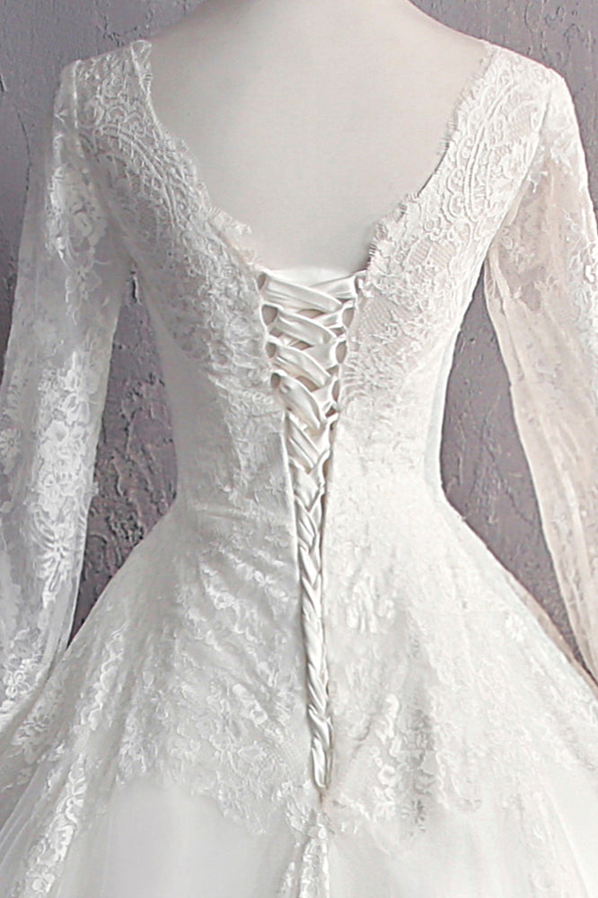 Glamorous White Tulle Lace Ball Gown Wedding Dress With Appliques Long Sleeves