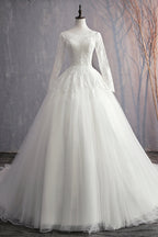 Glamorous White Tulle Lace Ball Gown Wedding Dress With Appliques Long Sleeves